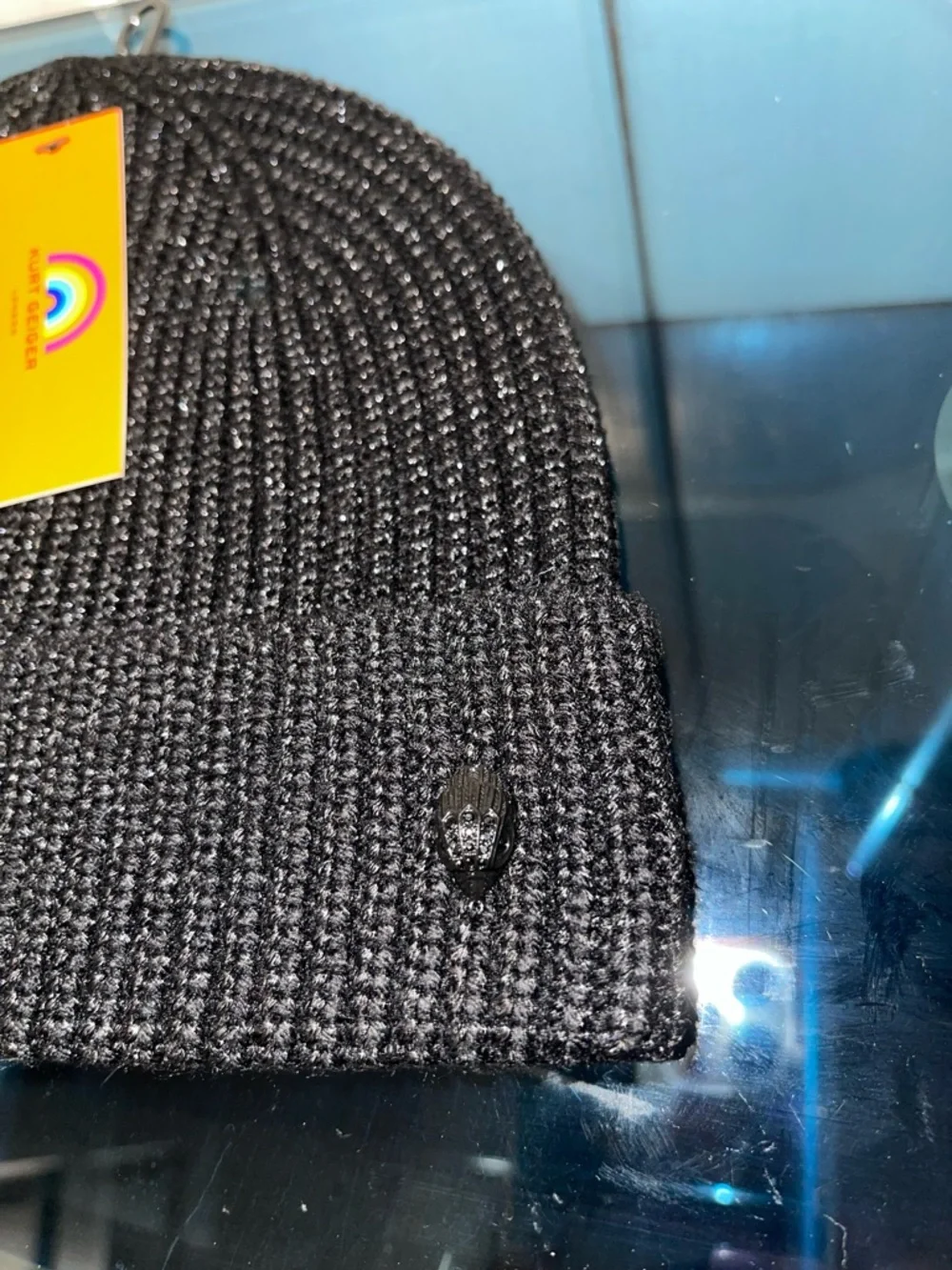 Kurt Geiger London Shimmer Black Sparkle Knit Beanie Winter Hat Eagle NWT - Picture 3 of 8